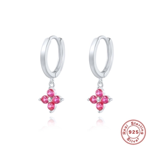 Elegant S925 sterling silver hoop earrings with pink crystal snowflake flower pendants