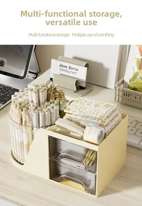 Detail view of the multi-compartment storage box with transparent drawers and pencil holder