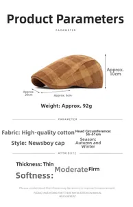 Spécifications techniques de la casquette plate à carreaux marron avec taille et matière