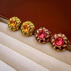Vintage style gold-plated enamel stud earrings set with colorful gemstones in velvet box