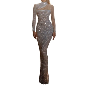 Silver sequin mesh evening gown featuring high neck and cut-out shoulder detailing