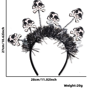 Detailed size specifications for Halloween skull headband with black tinsel and measurements