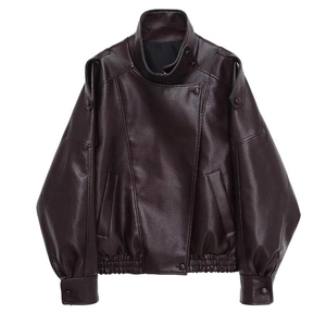 Chic burgundy faux leather motorcycle jacket for women with a stylish oversized silhouette