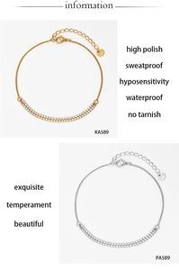 Close-up of dual-row zircon anklets showing S.Steel tag and adjustable extension chain