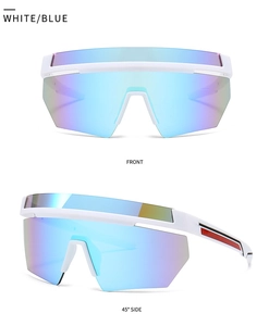Front and side view of white oversized shield sunglasses with blue polarized lenses