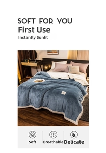 Detailed view of thick three-layer navy blue flannel blanket with soft white fleece lining