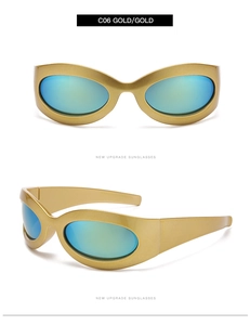Detailed side view of Y2K oval sunglasses featuring gold frames and blue-green gradient lenses