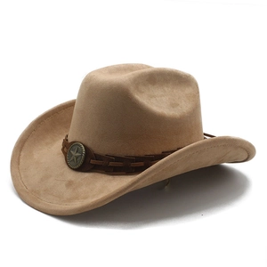 Classic khaki suede cowboy hat featuring dark brown leather strap and metal star concho