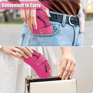 Portable pink leather sunglasses pouch shown in hand and pocket for convenience