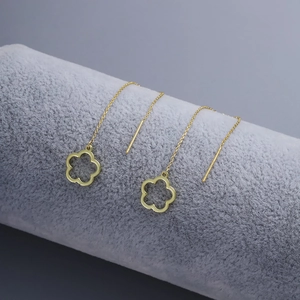 Elegant gold hollow five-petal flower tassel drop earrings with long chain design