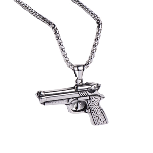 Vintage silver steel pistol pendant necklace with thick link chain for men and women
