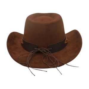 Detail of dark brown faux suede western cowboy hat with decorative leather band and cord