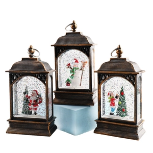 Bronze Christmas lanterns set with glowing Santa and snowman scenes for tabletop decor