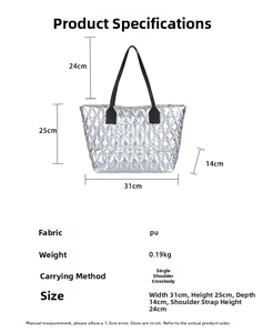 Silver quilted tote bag dimensions width 31cm height 25cm and strap height 24cm