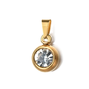 Detail of 6mm gold plated stainless steel pendant with clear round cut birthstone zircon