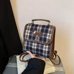 Vintage plaid backpack with embroidered dachshund detail and leather trim for women