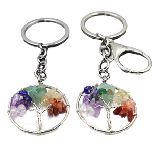 Handcrafted tree of life keychain with colorful natural crystal stones and silver metal ring