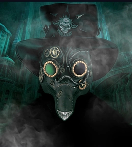 Vista dettagliata della maschera da medico della peste steampunk e cappello con ingranaggi