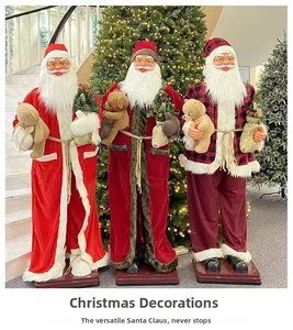 Detailed view of three life-size Santa Claus figures with different festive outfits and gifts