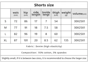 Detaillierte Größentabelle für Damen-Jeans-Hotpants mit Spitze und Taillenumfang-Maßen