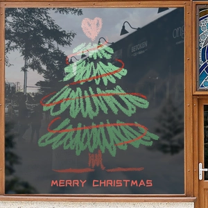 Festive Christmas tree window decal with Merry Christmas text on glass storefront