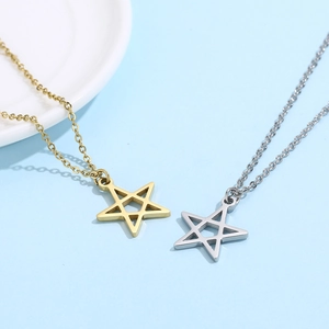 Detail of hollow star pendant necklaces in gold and silver finish on blue background