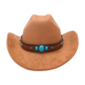 Detail of camel western cowboy hat with turquoise beads and brown leather hat band