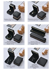 Detailed size chart for black gold-trimmed jewelry boxes including ring and necklace boxes
