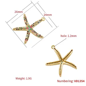 Starfish pendant with colorful zircons in gold setting, size 26x24mm and weight 1.9g