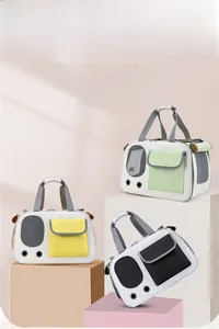 Three-color portable pet carriers in mint, yellow, and black with breathable mesh windows