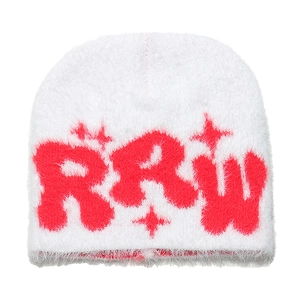 Close-up of the long-fiber faux fur texture and RRW star pattern on the knit beanie
