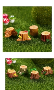 Detailed macro view of miniature resin tree stumps and mushrooms for micro landscapes