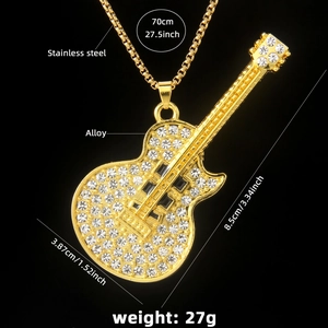 Gold guitar pendant necklace with white rhinestones on stainless steel chain for music lovers