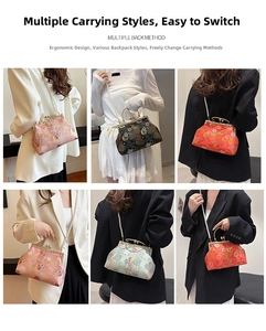 Detailed views of vintage jacquard handbag with pearl handle and multiple carrying styles