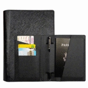 Detailed interior of black Saffiano leather passport holder with multiple card slots
