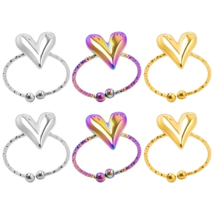 Adjustable heart-shaped open rings in silver, gold, and iridescent stainless steel set