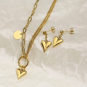 Double Layer Mixed Chain Heart Pendant Necklace And Earrings Stainless Steel Round Tag Trendy Jewelry