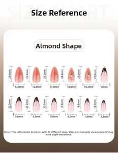 Size chart for French almond press-on nails with starburst patterns and 12 dimensions