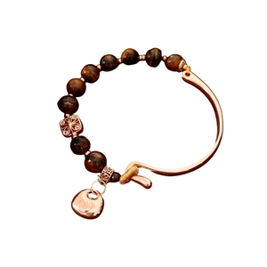 18K gold plated tiger eye beaded bracelet with vintage rose gold curved metal bars