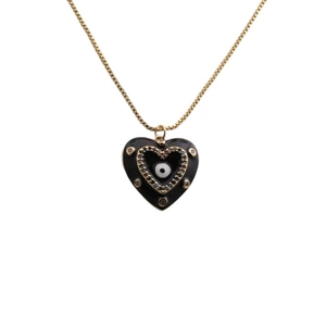 Fashionable gold evil eye heart pendant necklace with black enamel and zircons for women