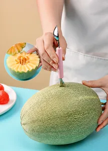 Close-up of pink dual-head stainless steel fruit carver and melon baller tool