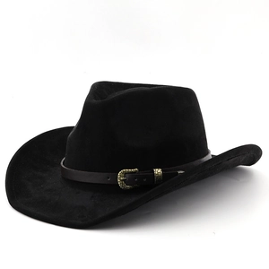 Classic black wool western cowboy hat with faux suede finish and vintage metal buckle