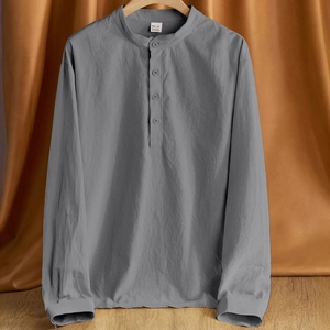 Men's loose fit grey linen blend shirt with long sleeves and stylish mandarin collar