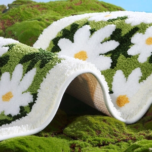 3D floral bath mat with green moss texture and white daisy pattern for bathroom