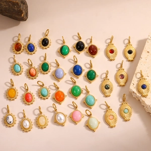 Oval Sunburst Stainless Steel Pendants With Natural Stone DIY Jewelry Making Charms Vintage Bohemian Style Gold Plated