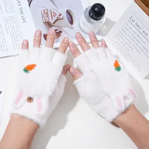 Winter Warm Plush Gloves Convertible Flip Top Half Finger Mitten Faux Mink Fur Cartoon Animal Strawberry Pattern For Women