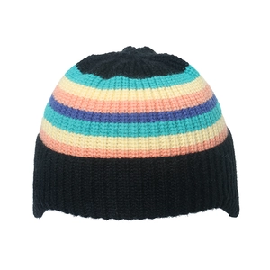 Kids rainbow striped knit beanie with black ribbed cuff for winter warmth and style