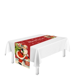 Red Christmas table runner featuring Santa Claus and Merry Christmas script print