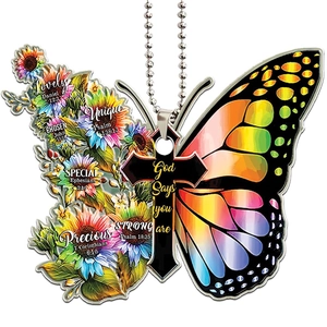 Rainbow butterfly acrylic hanging ornament with black cross and floral sunflower design