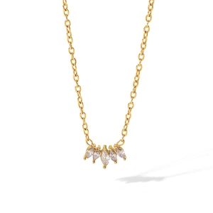 Vintage 18k gold plated titanium necklace with five teardrop zircon stones on white background